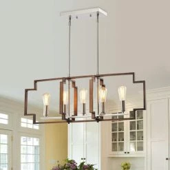 Hartford 5-Light Wood Lantern/Kitchen Island Square/Rectangle Chandelier with Wrought Iron Accents by Maxax -Maxax Elegant store wood maxax chandeliers mx1920 p5 c3 1000